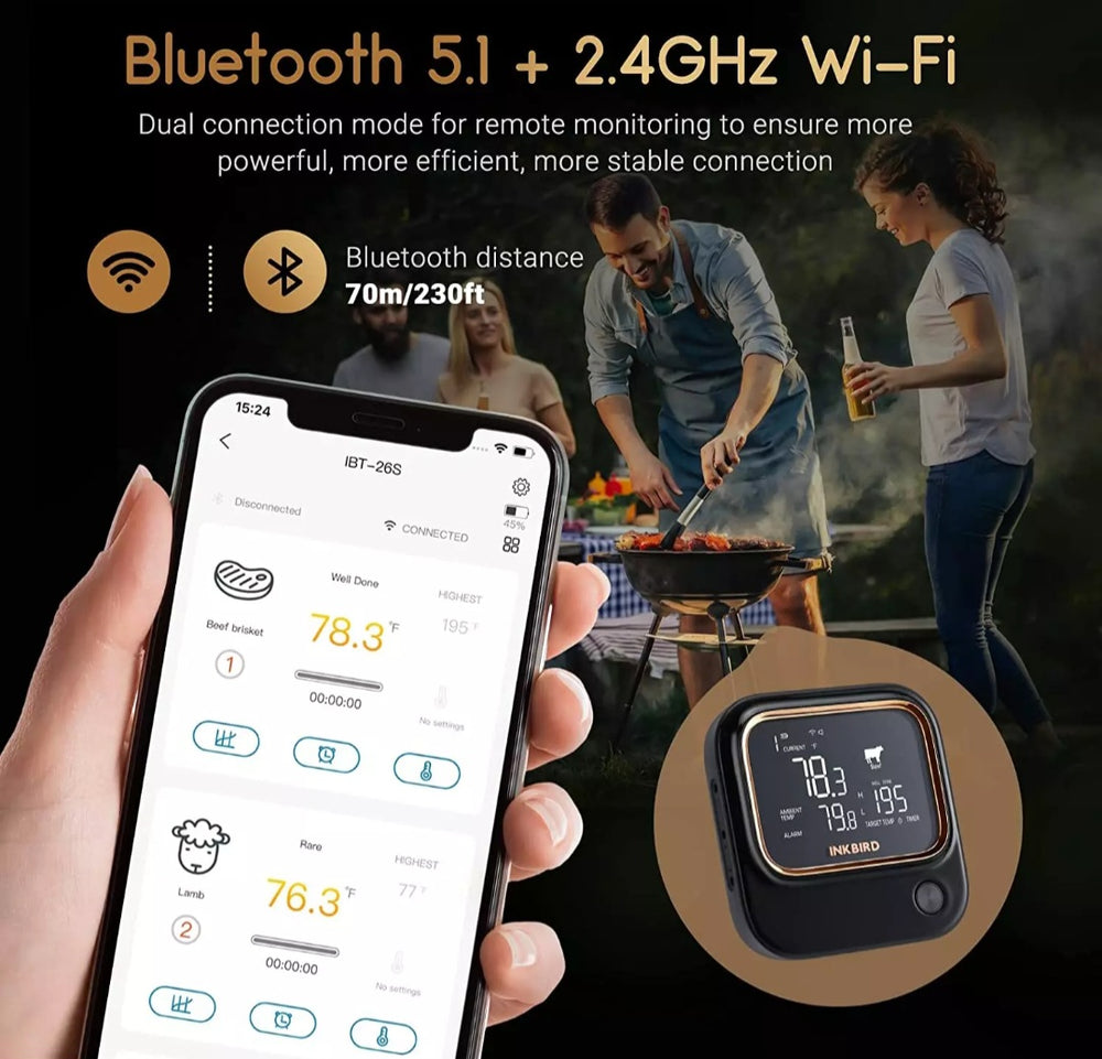 INKBIRD IBT-26S WiFi & Bluetooth BBQ Thermometer Meat Food Timer Backlit LCD Magnetic 2.4G